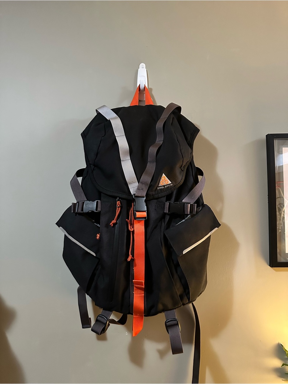 Vintage Nike ACG Black Backpack with Orange Center Strap